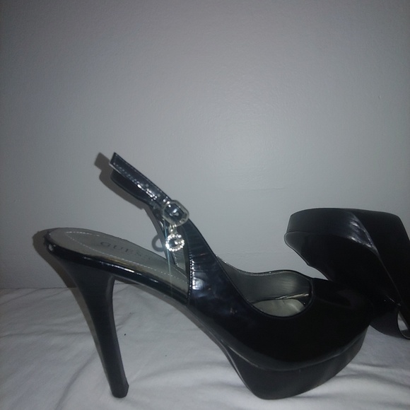 Black pleather slingback peeptoe heels - Picture 2 of 13
